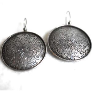 Silpada Napal 925 Sterling Etched Asian Dragon Circle Disc Long Dangle Earrings
